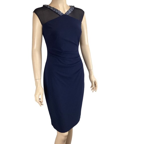 Lauren Ralph Lauren Dress Size 2 Matte Jersey Viviennette Navy Blue Beaded Sheat - Picture 5 of 9